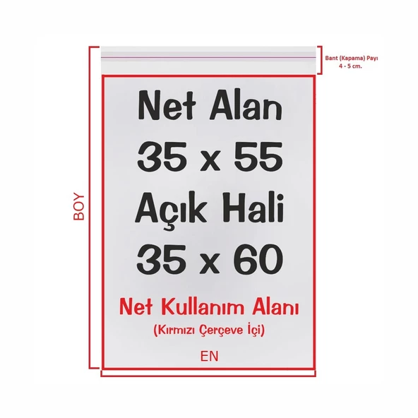 35 x 55 + 5 cm. Şeffaf Bantlı Jelatin - Yapışkanlı Poşet 25 Adet