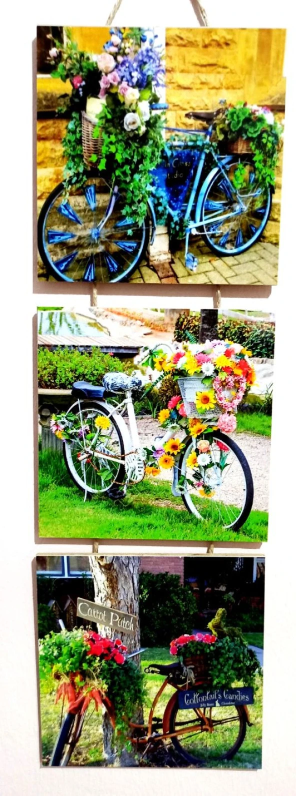 Bisiklet Fotoğraflı Üçlü Ahşap Retro Tablo