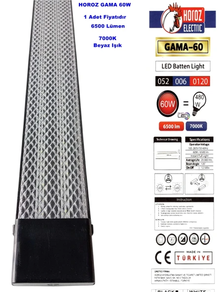 HOROZ Gama SİYAH 120cm 60w Prizma Led Bant Armatür 7000k IP20 Beyaz Işık