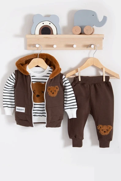 3-18 Ay Erkek Bebek Takımı Peluş Ayıcık Kapişon 3'lü Kahverengi - 2