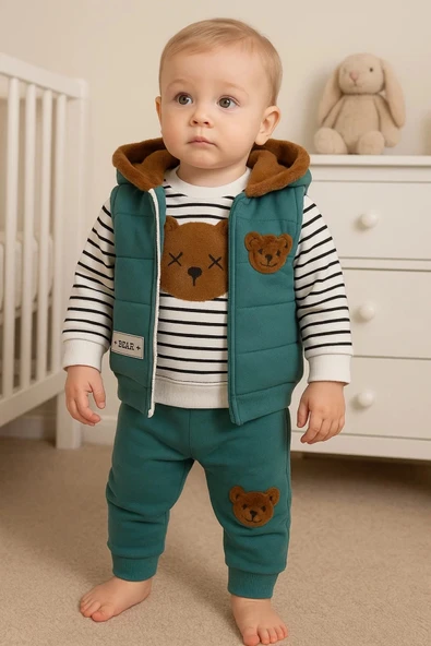 3-18 Ay Erkek Bebek Takımı Peluş Ayıcık Kapişon 3'lü Yeşil - Resim 6