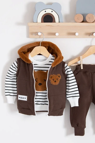 3-18 Ay Erkek Bebek Takımı Peluş Ayıcık Kapişon 3'lü Kahverengi - 3