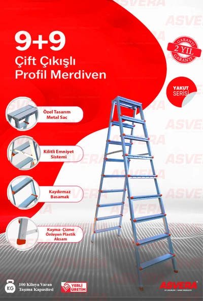 Yakut Serisi 9+9 Basamaklı Çift Taraflı Galvanizli Profil Merdiven – Ev, Bahçe ve İş Yerleri İçin Güçlü ve Güvenli Çözüm