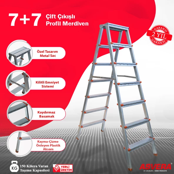 Elmas Serisi - 7+7 Basamaklı Çift Çıkışlı Galvanizli Profil Merdiven (Ev, bahçe, işyeri için uygun)