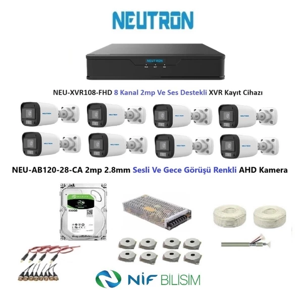 Neutron 2mp 8 kameralı Gece Renkli Sesli Dış ortam AHD Full Kamera Seti 500GB Disk NEU-AB120-28-CA