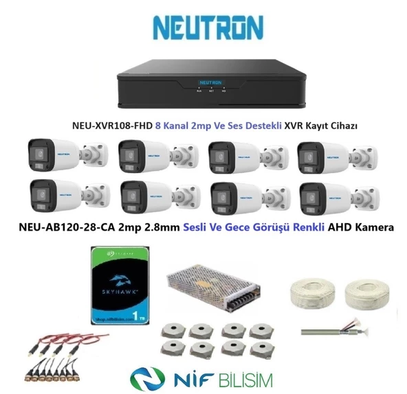 Neutron 2mp 8 kameralı Gece Renkli Sesli Dış ortam AHD Full Kamera Seti 1TB Disk NEU-AB120-28-CA