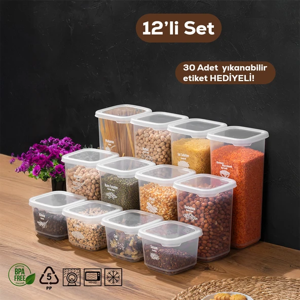 Porsima 1174 12'li Etiketli Kapaklı Gıda Kavanoz Saklama Kabı Seti Erzak Kabı Organizer Şefaf Kapak ürün görseli