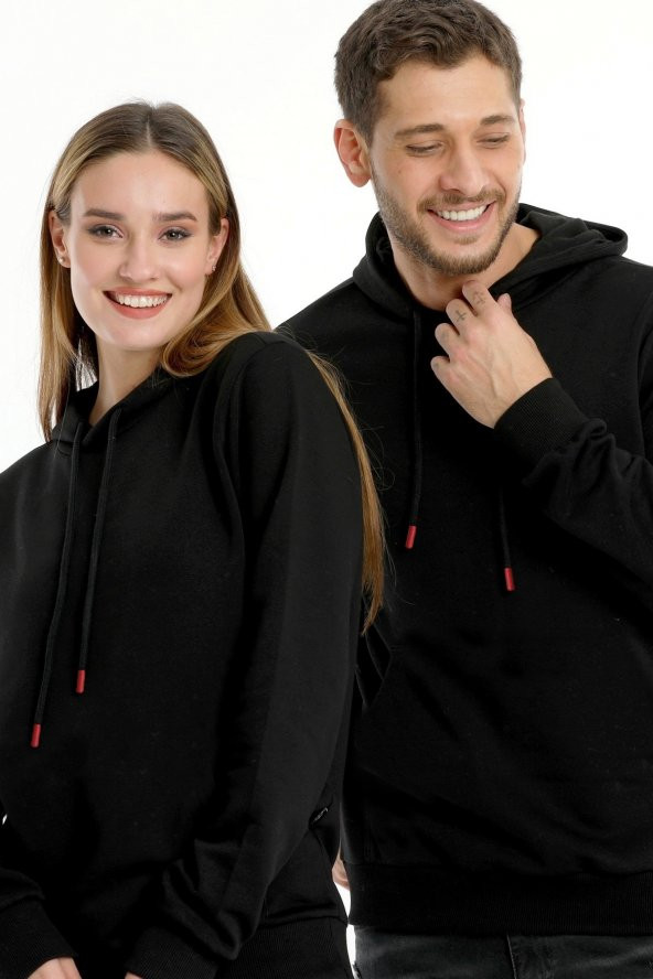 Basic Sweatshirt Kapüşonlu İçi Polarlı Siyah Standart Kalıp - 2