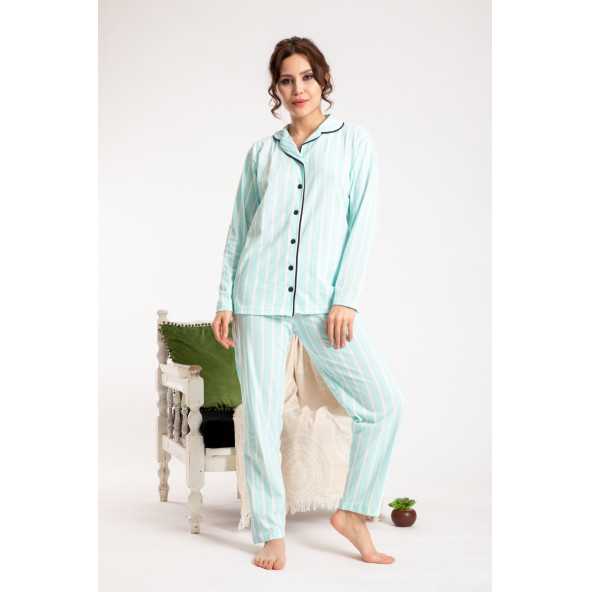 Kadın Pijama Takımı Gömlek Yaka Tam Düğmeli Pijama Tampap 3010 - 2