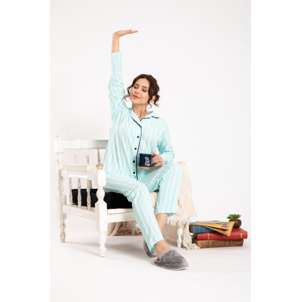 Kadın Pijama Takımı Gömlek Yaka Tam Düğmeli Pijama Tampap 3010 - 4