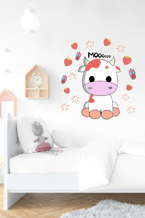 Sevimli İnek ve Çilekler Çocuk Bebek Odası Sticker - 2