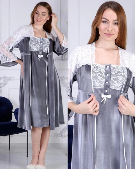 Duchesse 7008 Gri  Kadife Hamile Lohusa Gecelik Sabahlık Takım - Resim 6