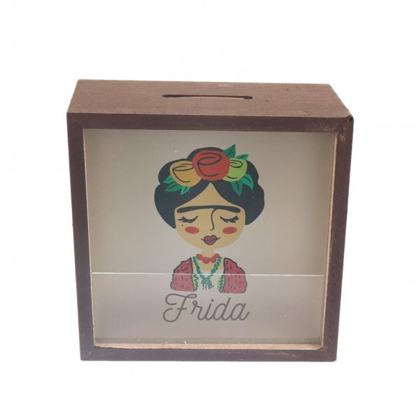KAHVERENGİ FRİDA BASKILI AHŞAP KUMBARA