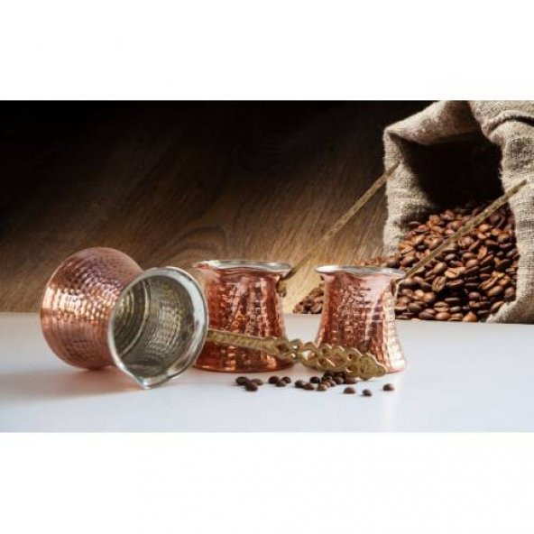 Bakır Cezve İçi Kalay Kaplı Pirinç Kulp 3lü Set Kahve Cezvesi - 3