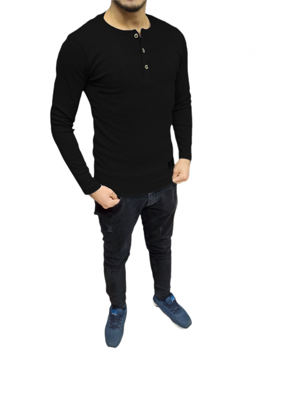 Erkek Yüzde Yüz Pamuklu Slimfit Likralı Uzun kollu Siyah Sweatshirt