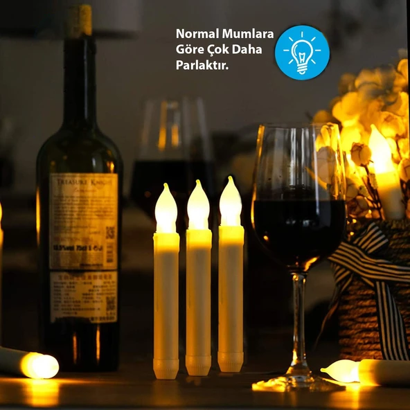 HyMark Titreyen Dekoratif Led Mum 12 Adet Alevsiz Konik Şekilli Uzaktan Kumandalı - 3