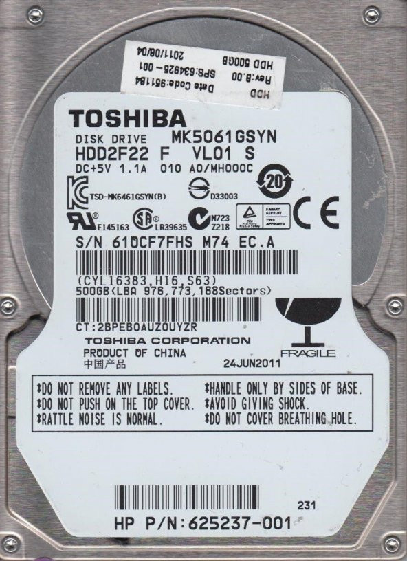 Toshiba MK5061GSYN 2.5" 500 GB 7200 RPM SATA 3 HDD