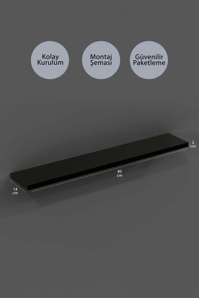 yankı-byeg 80 Cm Mat Siyah Mdf Uçan Duvar Rafı Gizli Bağlantı Kitaplık - Resim 2