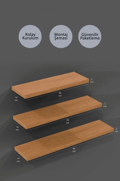 yankı-byeg 40 Cm 50 Cm 60 Cm 3lü Safir Meşe Mdf Uçan Duvar Rafı Gizli Bağlantı Kitaplık - Resim 2