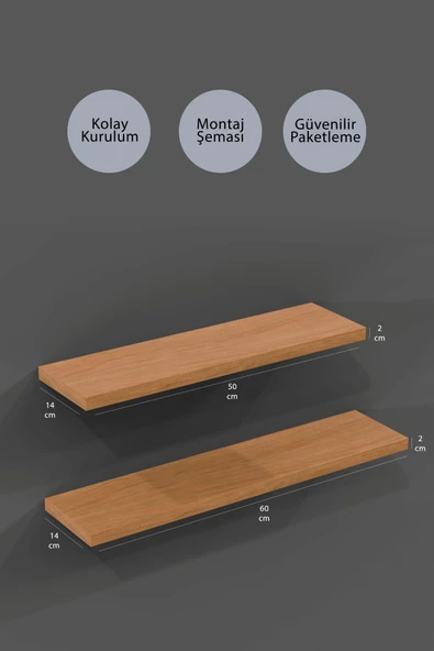 yankı-byeg 50 Cm 60 Cm 2li Safir Meşe Uçan Duvar Rafı Gizli Bağlantı Kitaplık - Resim 2