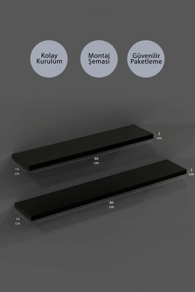 yankı-byeg 80 Cm 60 Cm 2li Mat Siyah Mdf Uçan Duvar Rafı Gizli Bağlantı Kitaplık - Resim 2