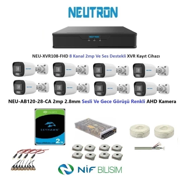 Neutron 2mp 8 kameralı Gece Renkli Sesli Dış ortam AHD Full Kamera Seti 2TB Disk NEU-AB120-28-CA ürün görseli 1