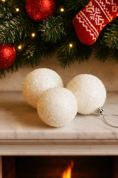 Beysüs Yılbaşı Çam Ağacı Süsü Parlak Beyaz Kar Cici Top 8cm 3'lü