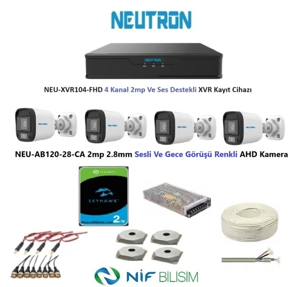 Neutron 2mp 4 kameralı Gece Renkli Sesli Dış ortam AHD Full Kamera Seti 2TB Disk NEU-AB120-28-CA