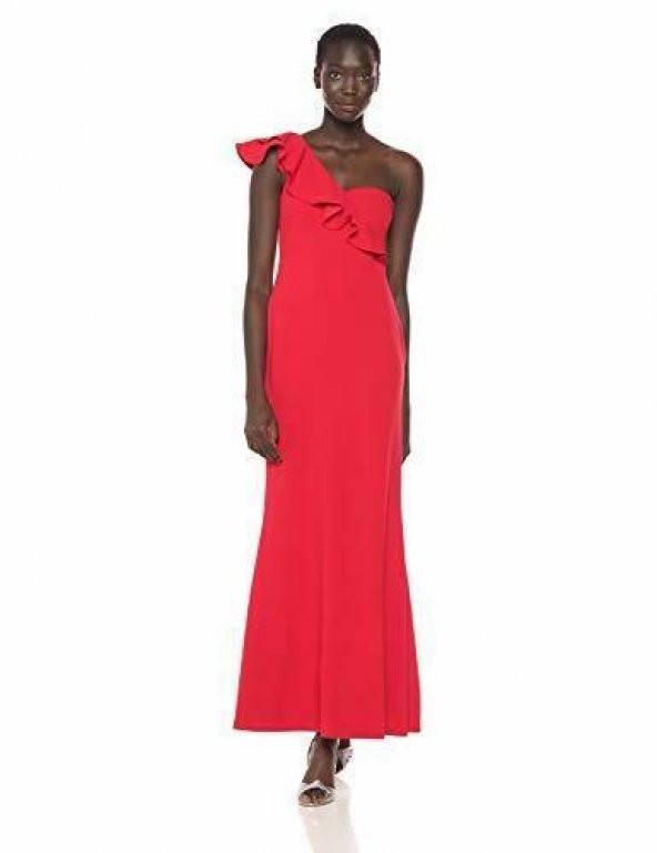 Kırmızı Fırfırlı Maxi Askılı Abiye Elbise