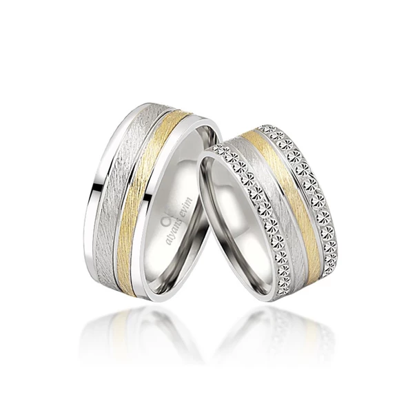 Altın Kaplama Çizgili Çift Gümüş Alyans Yüzük - 2