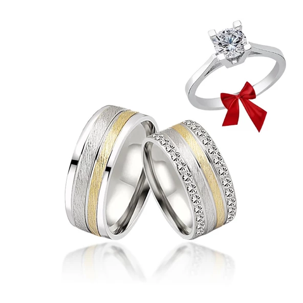 Altın Kaplama Çizgili Çift Gümüş Alyans Yüzük