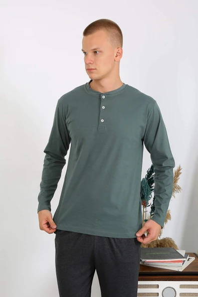 Akbeniz Erkek Penye Uzun Kol Pijama Takımı 6860 Haki - 10