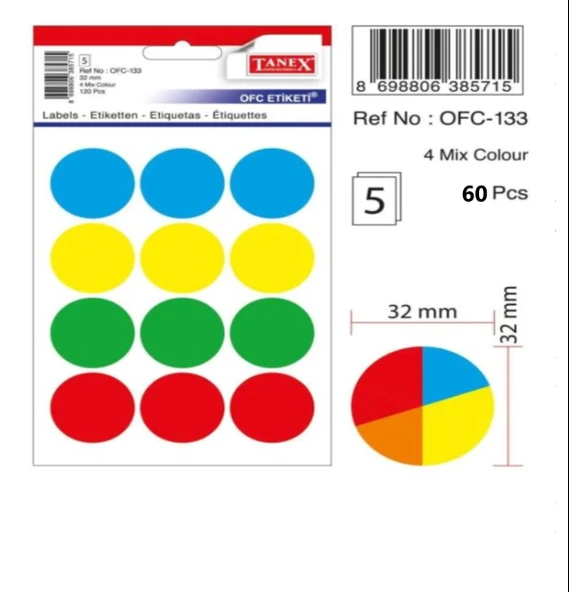 Tanex Mıx Color Ofis Etiketi 32mm 4-Renk 5.yaprak (60 Etiket)
