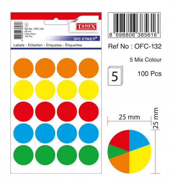 Tanex Mıx Color Ofis Etiketi 32mm 4-Renk 5.yaprak (60 Etiket)