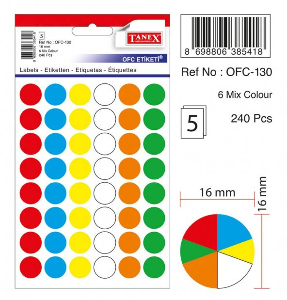 Tanex Mıx Color Ofis Etiketi 16mm 6-Renk 5.yaprak (240 Etiket)