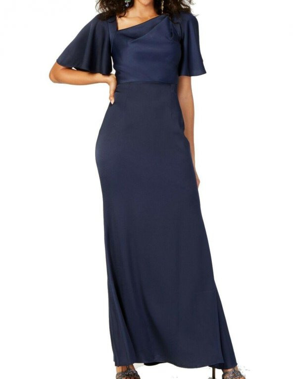 Lacivert Asimetrik Boyun Maxi Cüppe Kadın Elbise - 2