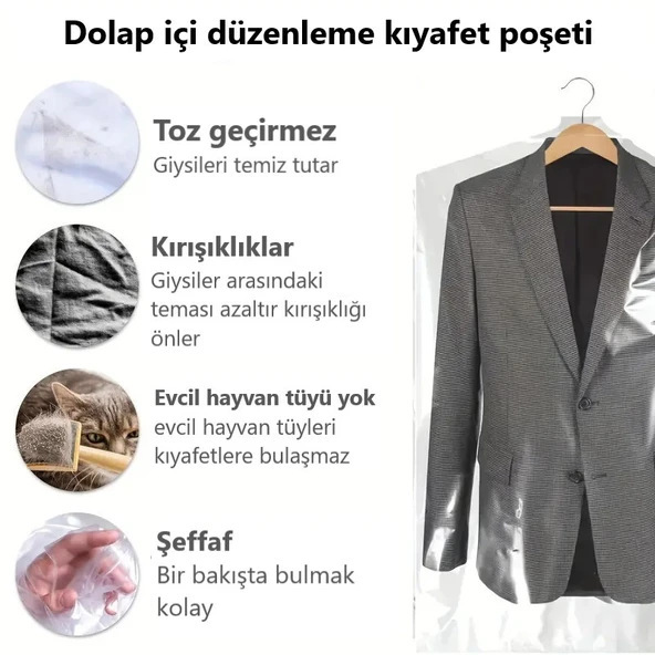 Gardırop İçi Askılık yuvalı 60x120cm Kuru temizleme - Dolap içi ŞEFFAF saklama NaYLoNu (10adet) ürün görseli 1