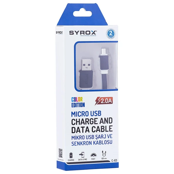 Syrox 2.0A Micro Şarj & Data Yassı Kablo 1.2M C63