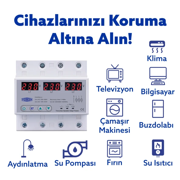 Tomzn Voltaj Koruma Rölesi Koruyucu Röle 220V 63A 3 Fazlı - Ev Tipi Trifaz - Resim 3