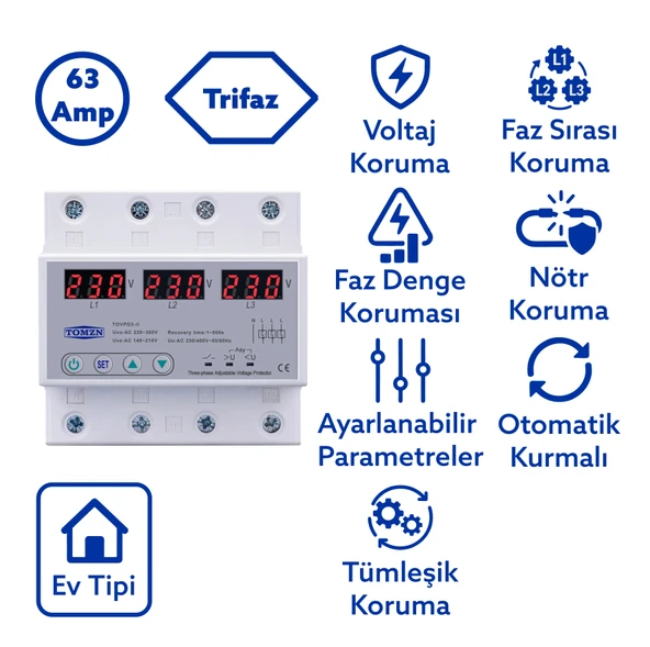 Tomzn Voltaj Koruma Rölesi Koruyucu Röle 220V 63A 3 Fazlı - Ev Tipi Trifaz ürün görseli 1