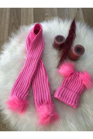 Kız Bebek Pembe Çift Ponponlu Atkı Bere Takımı - 2