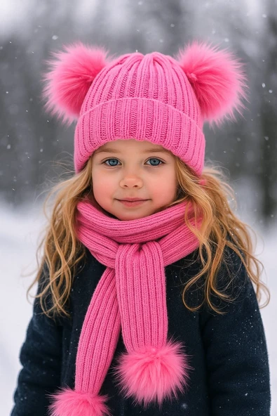 Kız Bebek Pembe Çift Ponponlu Atkı Bere Takımı