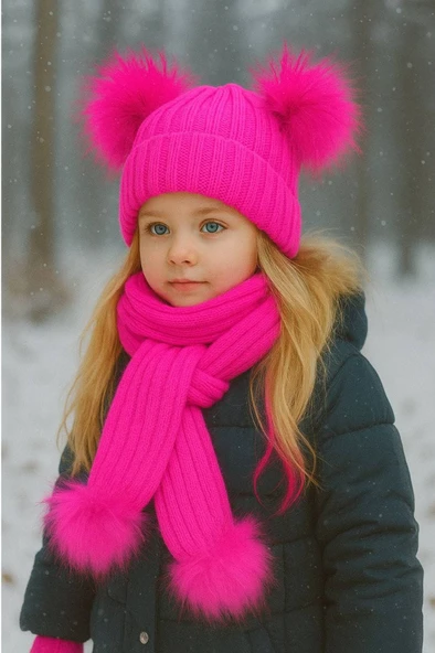 Kız Bebek Çift Ponponlu Atkı Bere Takımı 4/14 yaş