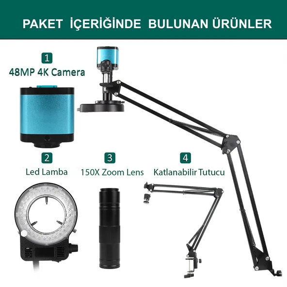TriLine 48MP 4K 60F/S Endüstriyel Mikroskop Katlanabilir Tutucu 150X Zoom Lensli 56 Led Halka Işık - Resim 4