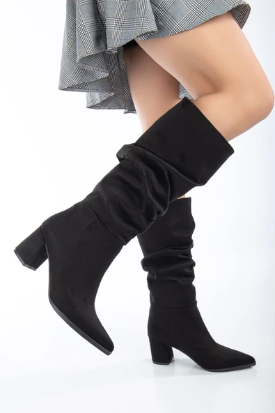Lise-Britt Siyah Süet Körüklü Topuklu Kadın Çizme ürün görseli 1