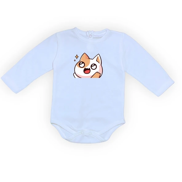 Gözleri Parlayan Kedi Baskılı Bebek Body Zıbın Çıtçıtlı Badi - 5