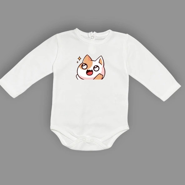 Gözleri Parlayan Kedi Baskılı Bebek Body Zıbın Çıtçıtlı Badi - 10