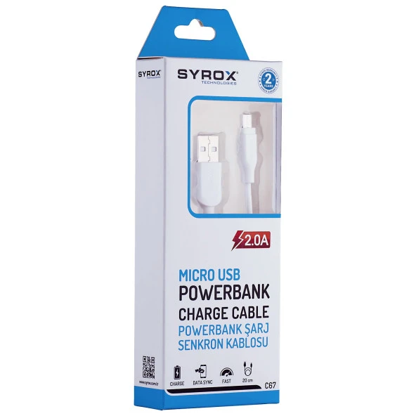 Syrox 2.0A Micro Powerbank & Data Kablosu 0.2M C67