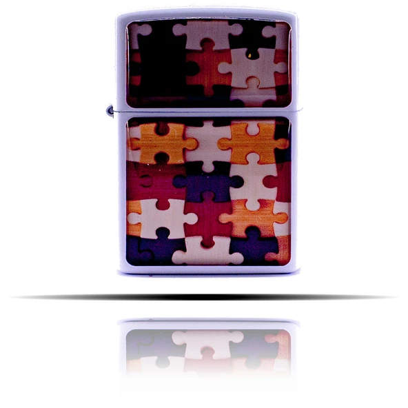 Puzzle Desenli Beyaz Benzinli Çakmak - Resim 4