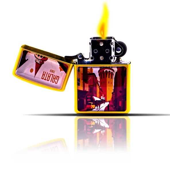 Galata Tower İstanbul Temalı Sarı Benzinli Çakmak - Resim 4